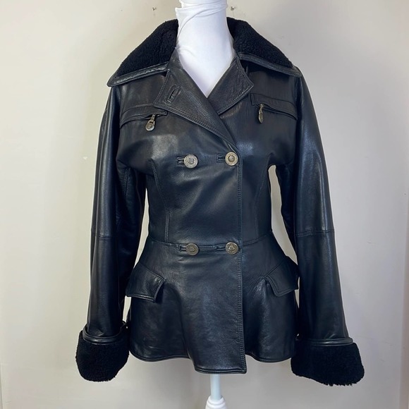 Versace Jackets & Blazers - Gianni Versace Leather Shearling Trimmed Double Breasted Peplum Jacket